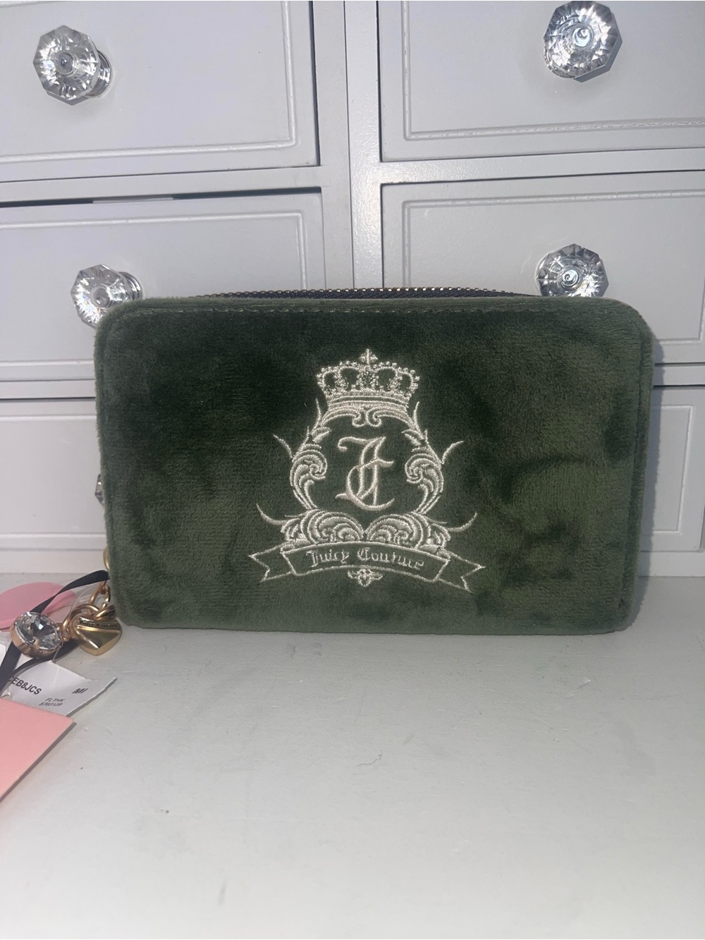 NWT Juicy Couture Dark Olive Green Plush Wallet with Embroidered Crest